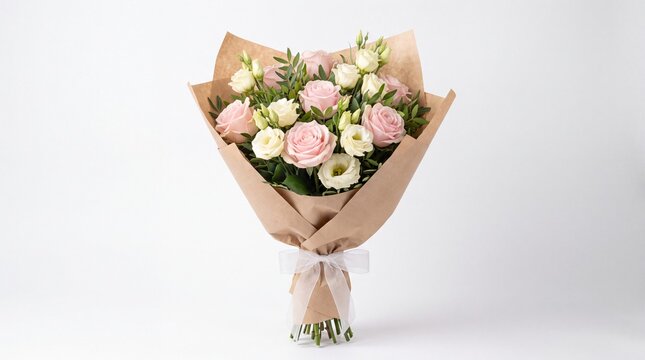 Beautiful bouquet of pink roses wrapped in brown paper