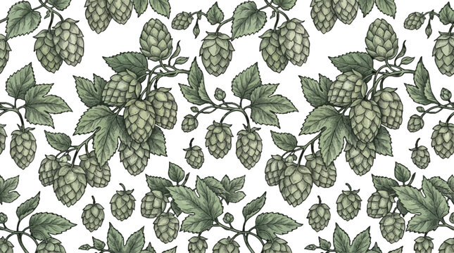 Hand drawn hop cones and leaves seamless pattern for brewery branding and organic beverage packaging design vector