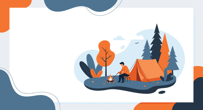 Man sitting by campfire near orange tent in pine forest forest landscape template with copy space for camping banner.