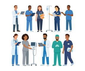 Obraz premium Diverse group of medical professionals including doctors and nurses with hospital equipment in flat illustration