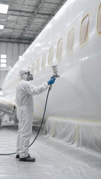 Aircraft painter in protective gear using spray gun to apply paint on airplane fuselage inside a large hangar with plastic coverings on the floor