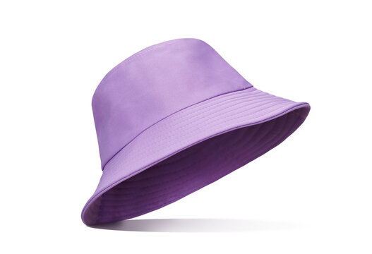 A purple bucket hat is stylishly placed against a white background.