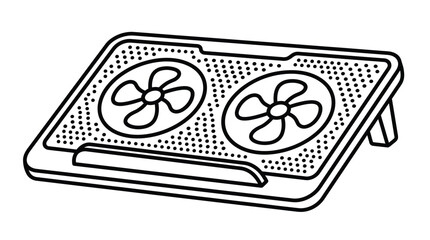 Black and white line drawing of a laptop cooling pad with dual fans. © fake