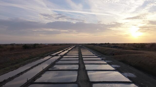 Drone Flight Over Salt Pans at Dawn, Ars-en-R&eacute; Salt Marshes, &Icirc;le de R&eacute;, France