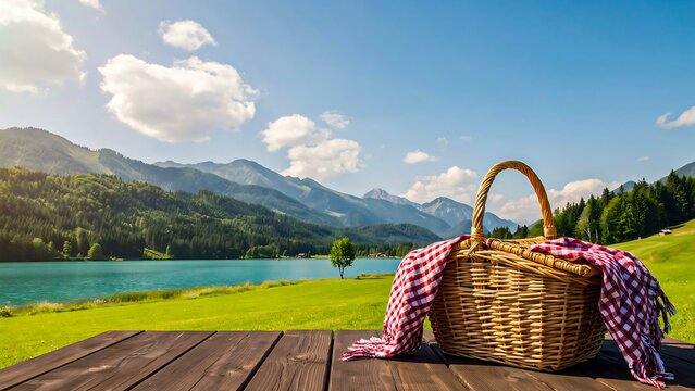 Wicker picnic basket with checkered cloth on wooden deck overlooking peaceful mountain lake