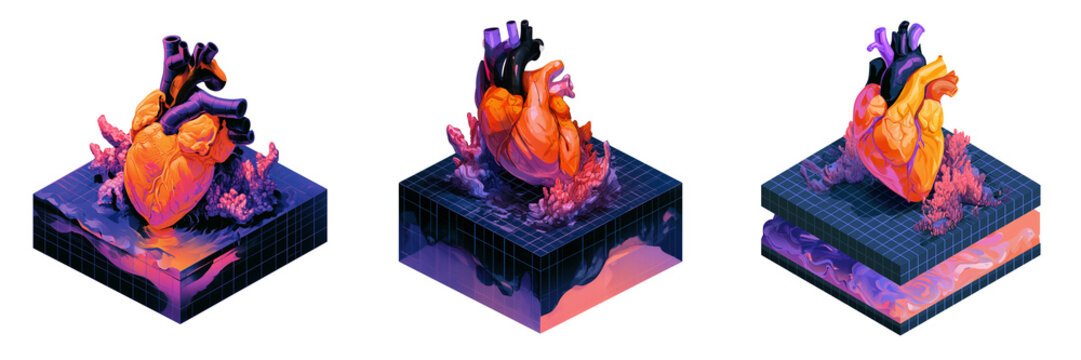 Set of Detailed vector illustration of a human heart  on transparent background. Ai generated