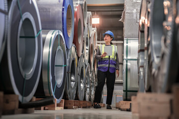 Obraz premium Industrial Technician in Steel Manufacturing Plant Inspecting Metal Rolls
