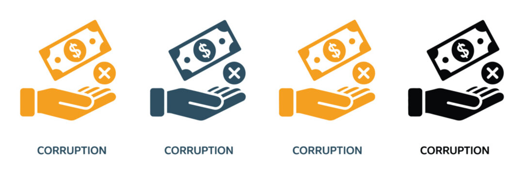 Anti corruption and business bribery prevention icons featuring hand refusing cash with prohibition symbols and clean minimalist vector graphics for corporate compliance, financial ethics, and governa