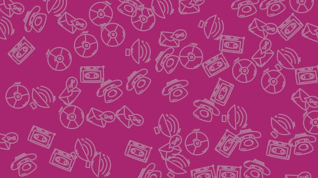 Abstract magenta pattern with white icons of various items like telephones, cds, envelopes, and cassettes. Suitable for multimedia or communication concepts.