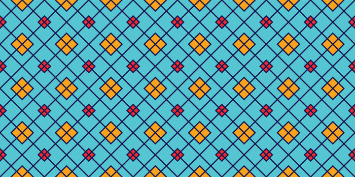 Vibrant geometric seamless pattern with yellow and red diamonds on blue grid. Perfect for retro wallpaper, textile, and wrapping paper.