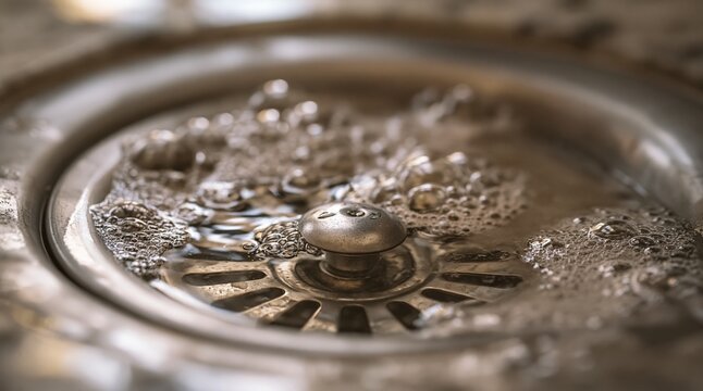 Close-up of bubbling sink drain with metal strainer and water flow