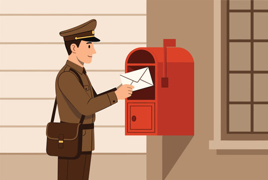 Postman in classic uniform inserting white envelope into red wall-mounted mailbox outside cozy house.