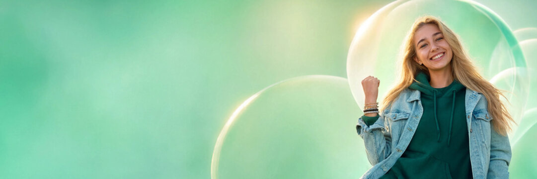 Cheerful young woman showing fist of success on abstract green bubble background
