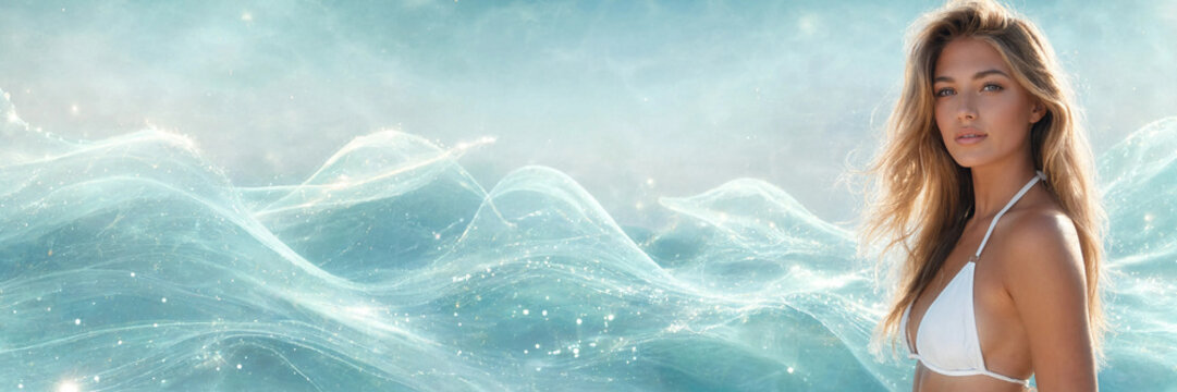 Beautiful blonde woman in white bikini on magical sparkling blue water wave background