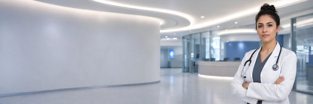 Professional female physician standing with crossed arms in a modern spacious hospital hallway