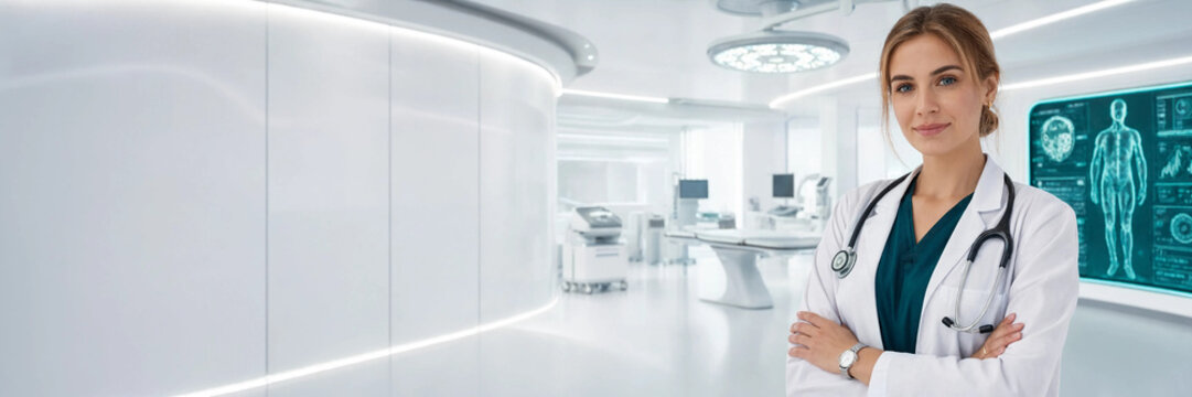 Successful young female surgeon standing with folded arms inside a high-tech operating theater