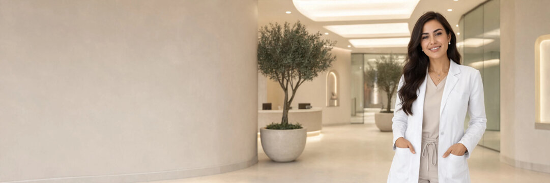 Happy female aesthetic practitioner standing in the corridor of a modern luxury wellness spa
