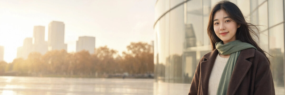 Elegant young Asian woman in a warm coat standing in front of modern city architecture at sunset