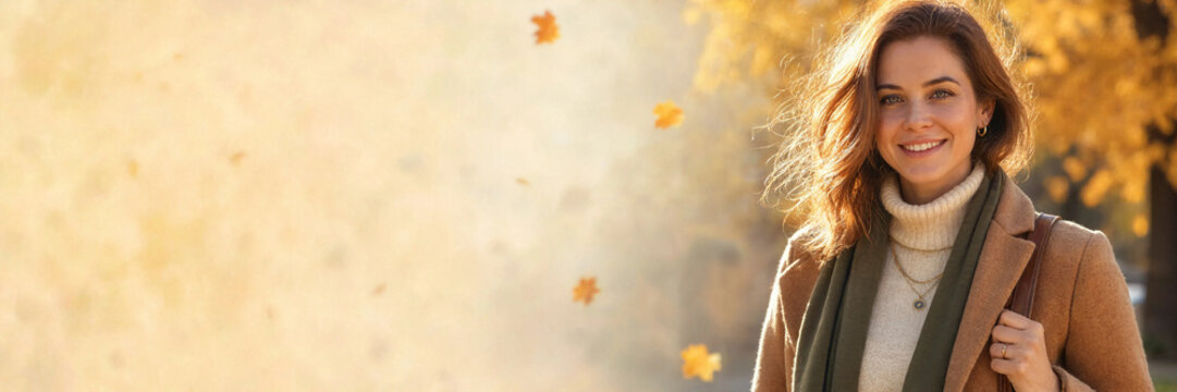 Portrait of a cheerful young woman wearing a cozy autumn outfit with blowing golden leaves