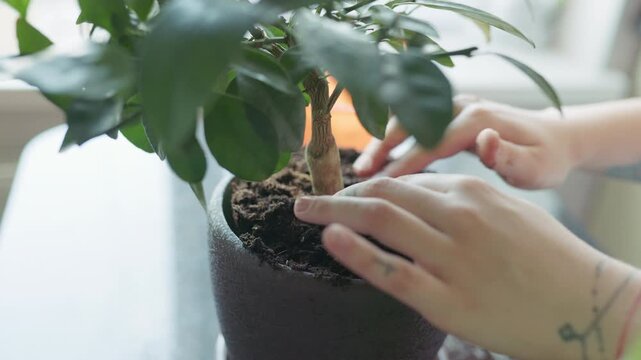 Detailed shot of person adjusting black earth during plant repotting