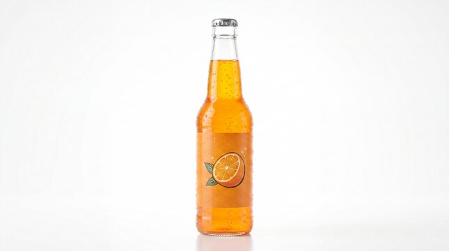 Glass bottle of cold orange soda with condensation