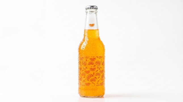 Glass bottle of cold orange soda with fresh fruit pattern