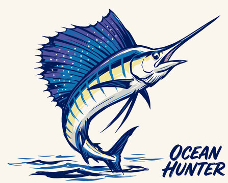 Sailfish jumping sport fishing vector. Ocean hunter nautical logo design. Blue marlin swordfish sea life illustration.