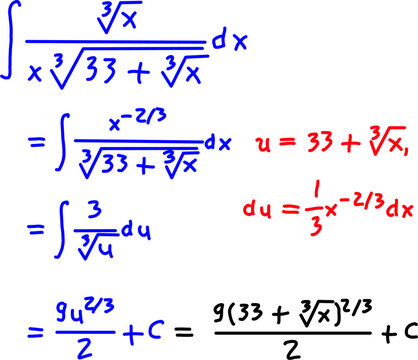 Step-by-step calculus integration using substitution method with cube roots and algebraic transformation, educational mathematics solution on white background.