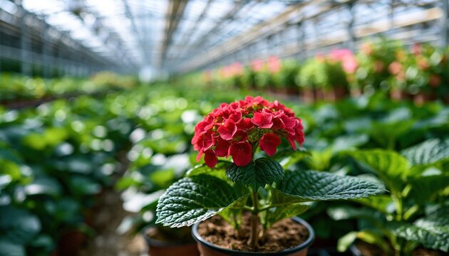 Red hydrangea flower in pot at greenhouse with blurred background
