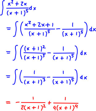 Step by step calculus solution simplifying and integrating a rational algebraic function with polynomial identities on a clean white background.