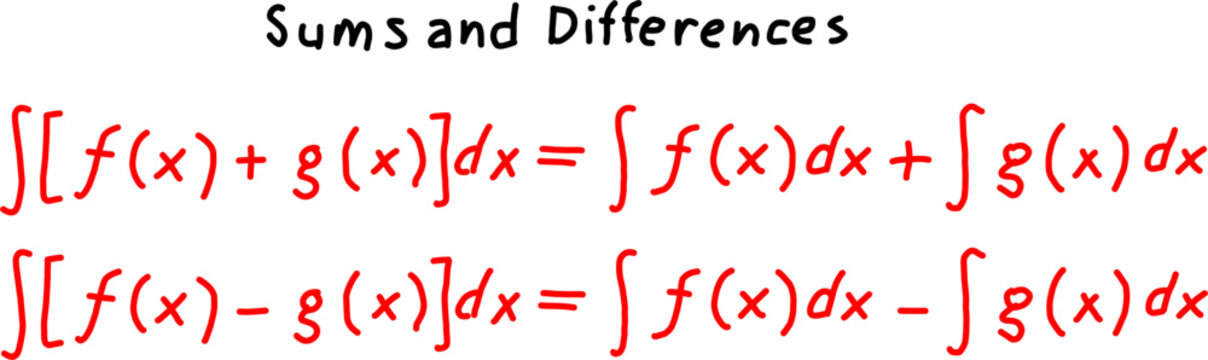 Mathematics reference showing sum and difference rules of integration with algebraic functions, clear formulas on a clean white background.