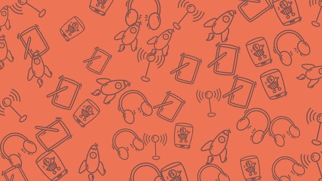 Orange pattern with rocket, headphones, tablet, robot symbols. Ideal for techsavvy designs, futuristic concepts, scifi themes on various products.
