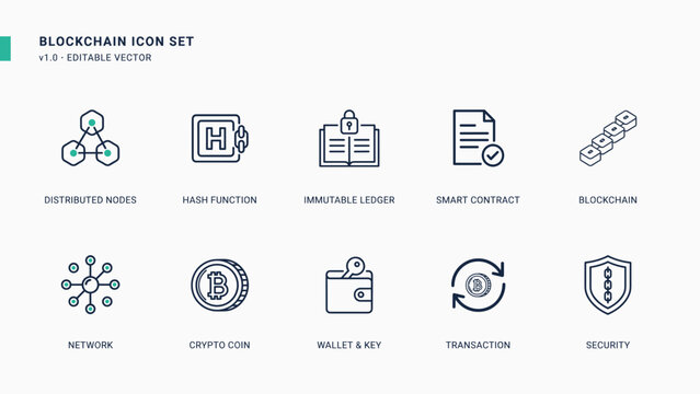 Monoline fintech and blockchain icons &ndash; Suitable for business presentation slides, technology marketing campaigns, or app user interfaces.
