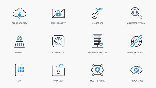 Blue accent cloud and email security icons &ndash; Ideal for secure data exchange apps, website firewall promotions, or tech infographics.