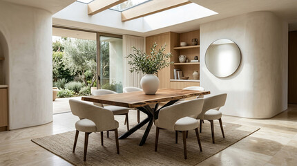 Fototapeta premium Modern minimalist dining room with wooden table and circular mirror in bright home interior