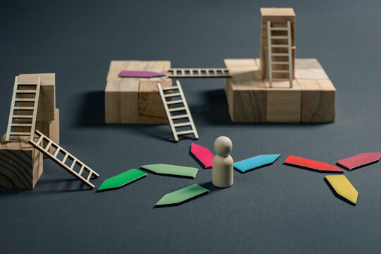 Decision overload concept with wooden figure facing multiple options and strategic paths