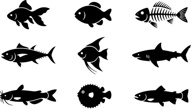 Fish icon set in a flat black silhouette style including goldfish, tuna, shark, angelfish, catfish, pufferfish and fish skeleton.