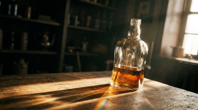 Vintage glass bottle with amber liquid on rustic wooden table