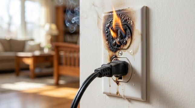 Burning Electrical Wall Outlet with Flames and Smoke in Residential Setting