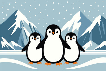 Fototapeta premium Three adorable penguins standing together in a snowy arctic landscape with snow-capped mountains and falling snow.