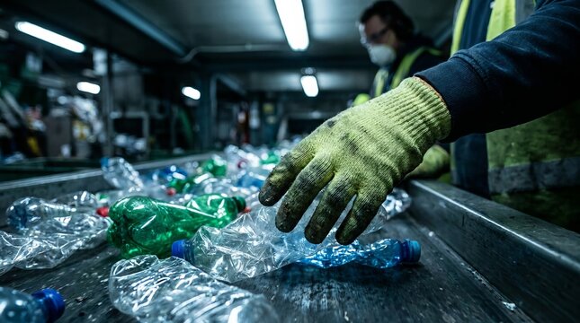 Worker hand sorting plastic bottles for recycling on industrial conveyor belt
