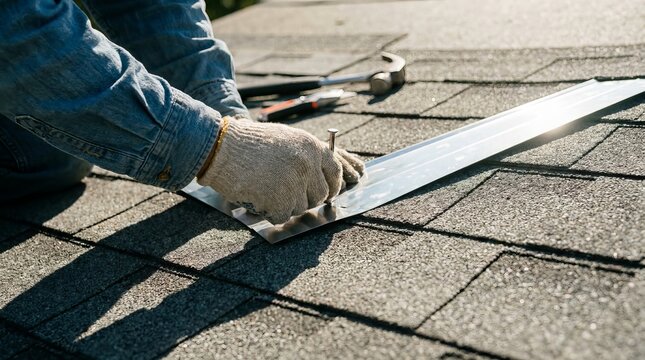 Professional Roofer Installing Metal Flashing and Asphalt Shingles on Residential House Roof