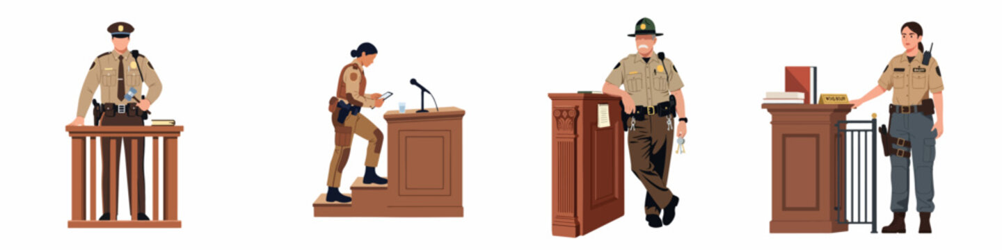 Set of diverse bailiffs and law enforcement officers in a courtroom, illustrating various security and administrative duties during legal trials and court proceedings.
