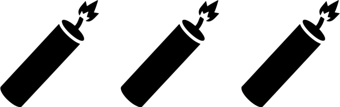 Dynamite stick icon set in a flat black silhouette style. Explosive weapon and fuse symbols representing danger, warning and hazardous construction materials.
