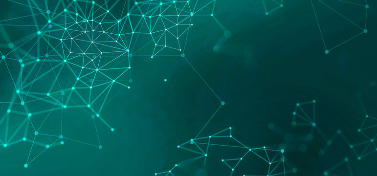 Abstract Green Digital Network Background with Glowing Connection Lines and Polygon Mesh Technology Design