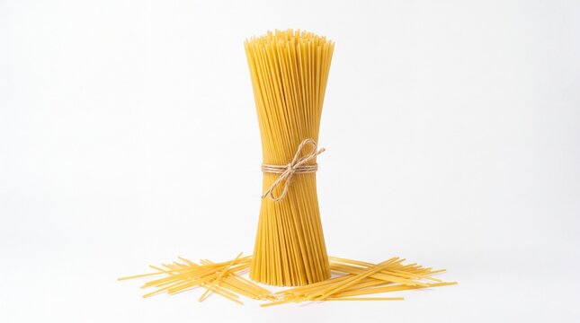 Bundle of raw dry spaghetti pasta tied with string