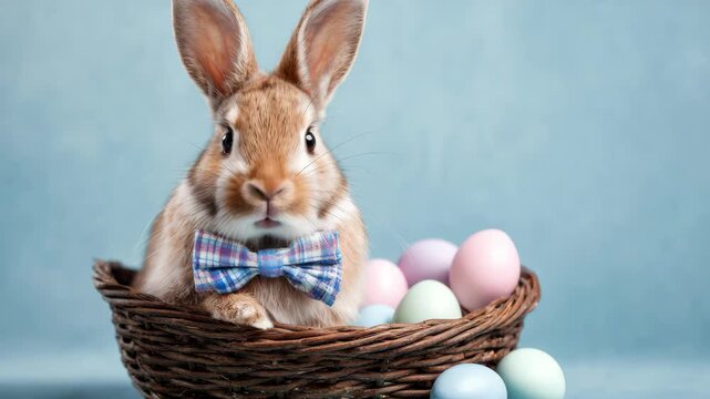 Cute rabbit sits in wicker basket. Wears blue plaid bow tie. Surrounded by pastel-colored eggs. Soft blue background enhances scene. Ideal for Easter, spring, or holiday themes
