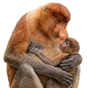 mother proboscis monkey (nasalis larvatus) tenderly hugging her baby isolated on transparent background