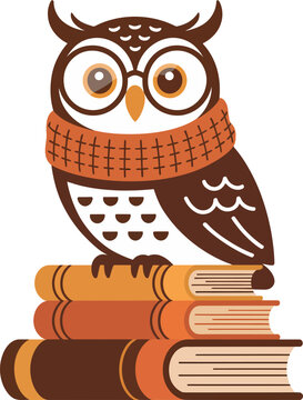 Brown owl wearing scarf sitting on stack of books fall season