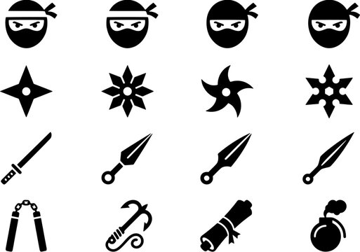 Ninja weapon icon set in a flat black silhouette style including shuriken, katana, kunai, nunchucks, grappling hook, scroll and smoke bomb.